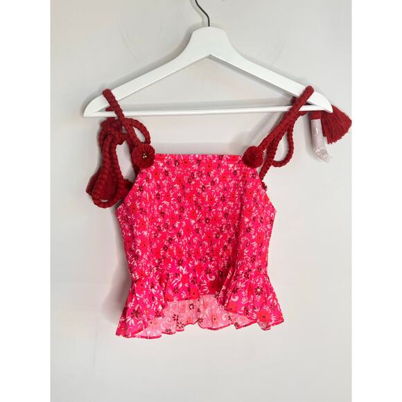 Figue Mollie Floral Print Tie Shoulder Smocked Crop Top Pink Women's Size Small - Picture 9 of 10